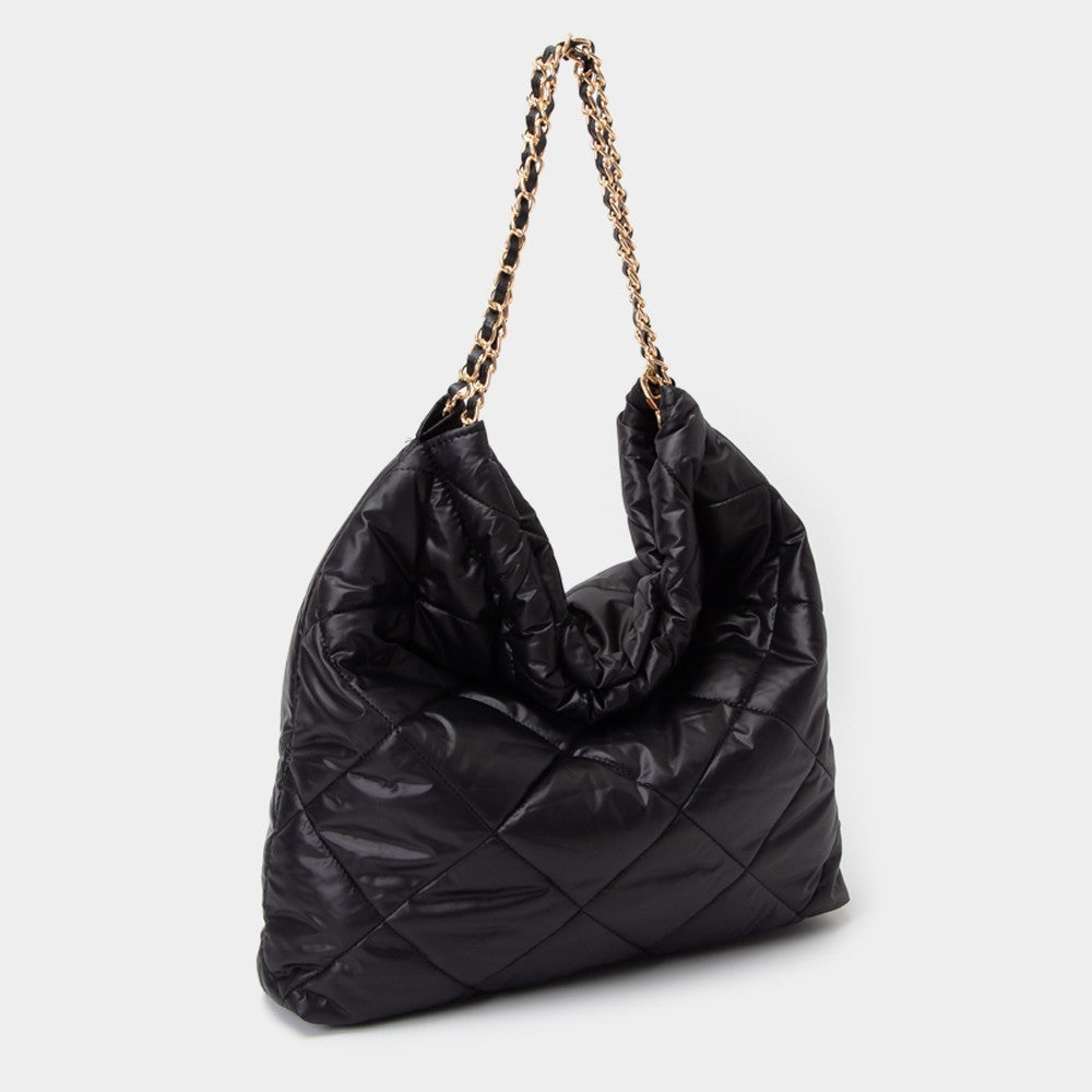 Quilted Black Puffer Tote Bag Oversized Shoulder Handbag with Chain Strap