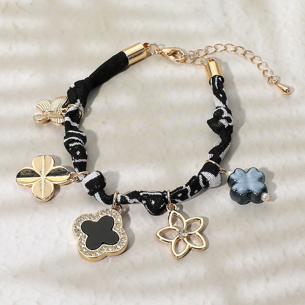 Quatrefoil Clover Flower Butterfly Charm Gold Black Scarf Fabric Chain Bracelet