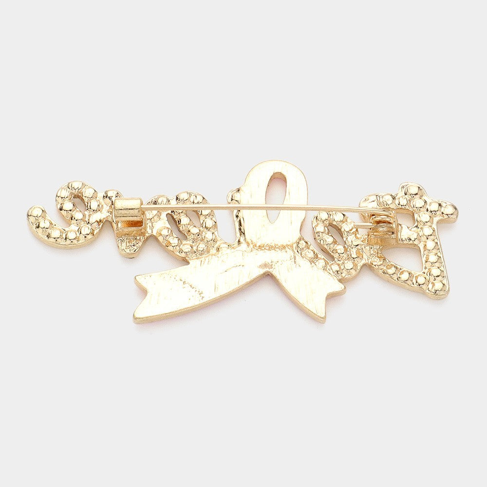 Enamel Pink Ribbon Pointed Stone Paved Believe Message Pin Brooch for Women Gold