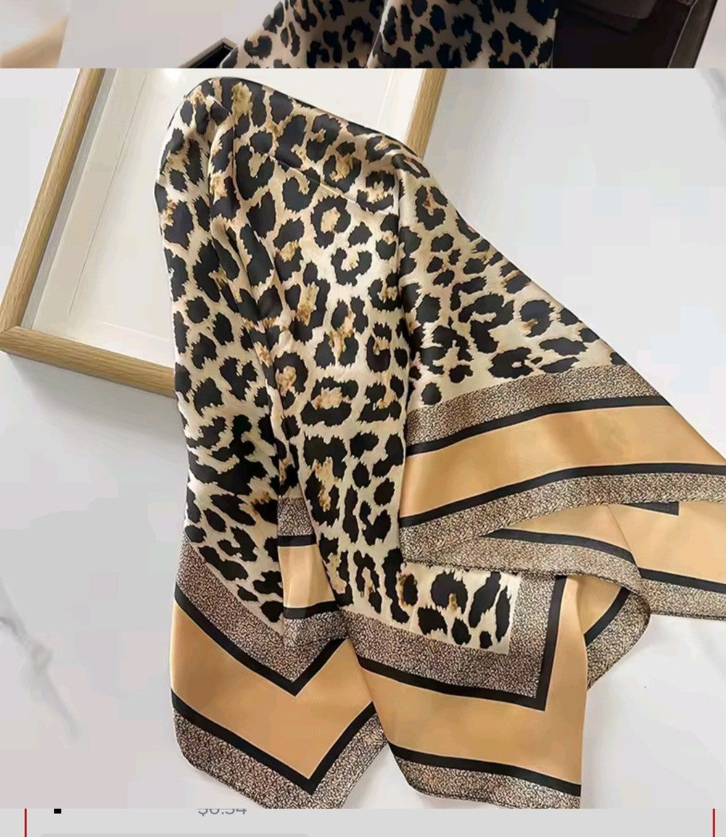 70cm Leopard Print Imitation Silk Scarf for Women – Animal Print Wraps for Lady