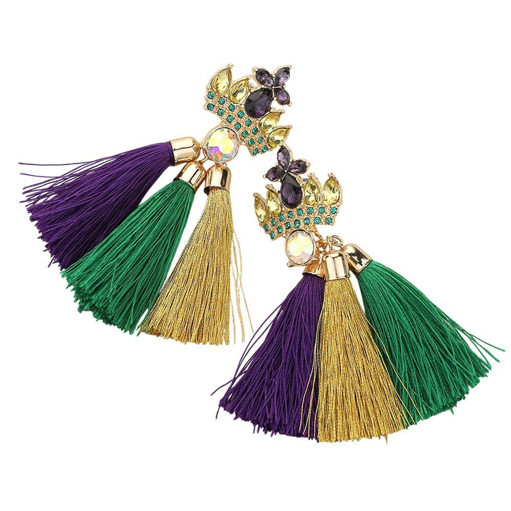 Mardi Gras Tassel Earrings  for Women Purple Green Gold Rhinestone Jewelry