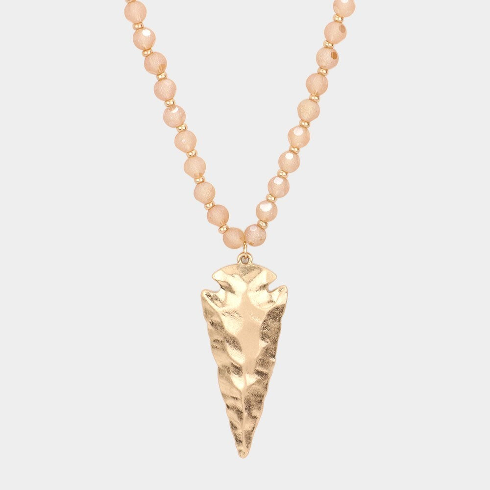 Hammered Metal Arrow Pendant Long Necklace with Faceted Beads Boho Style