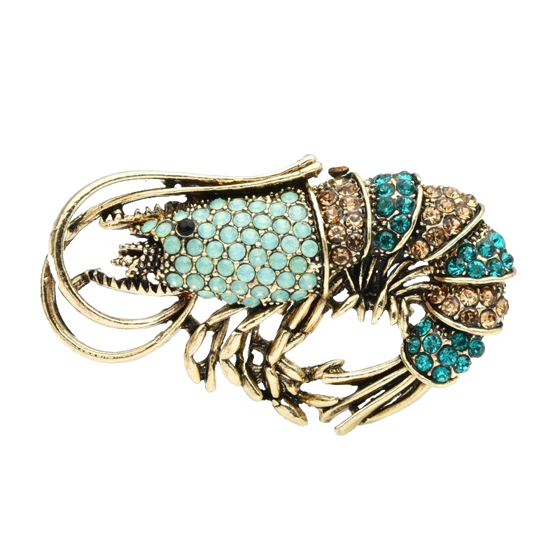 Vintage Style Crawfish Brooch Pin Green Blue Brown Rhinestones Statement