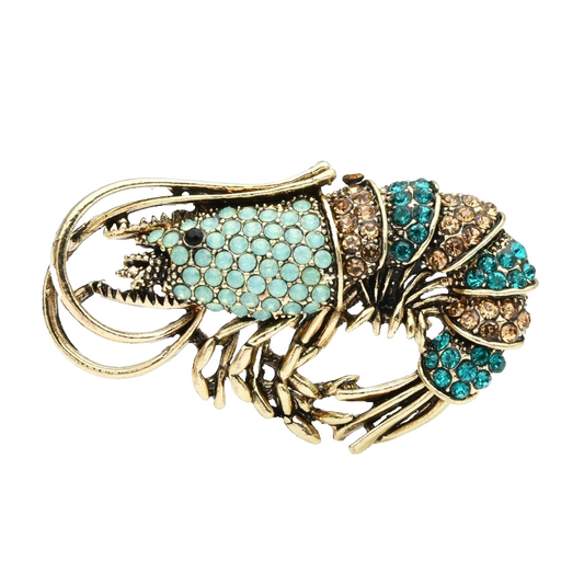 Vintage Style Crawfish Brooch Pin Green Blue Brown Rhinestones Statement