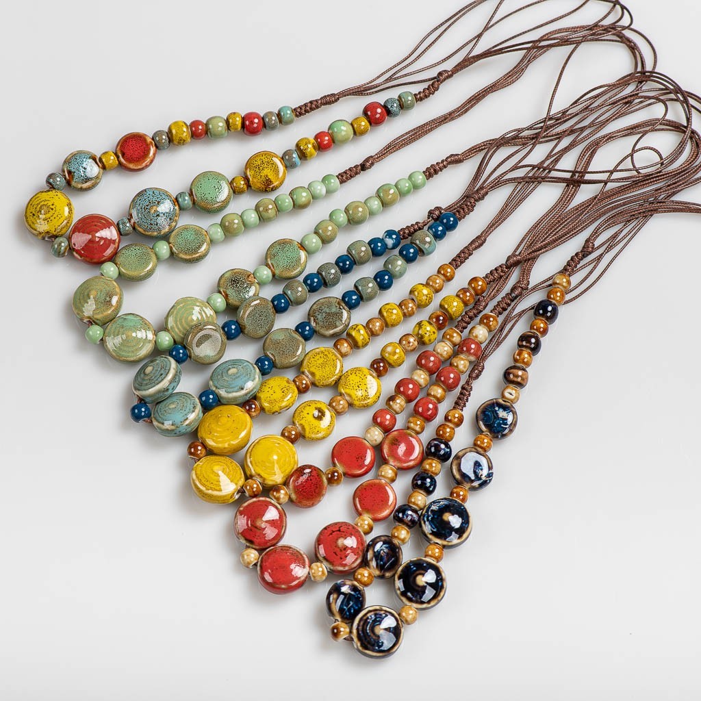 Colorful Round Beaded Ceramic Necklace Handmade Retro Boho Jewelry for Women