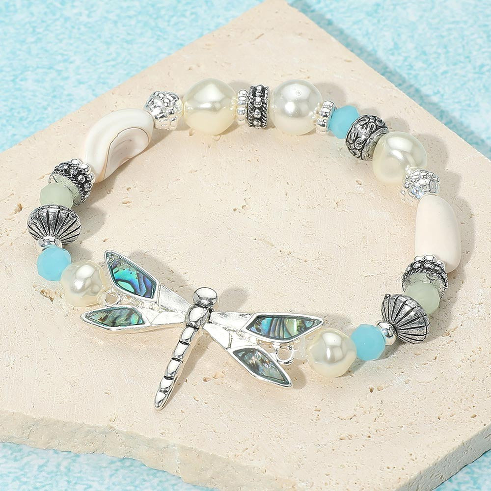 Abalone Dragonfly Stretch Bracelet Pearl and Beaded Accent Boho Nature Inspired