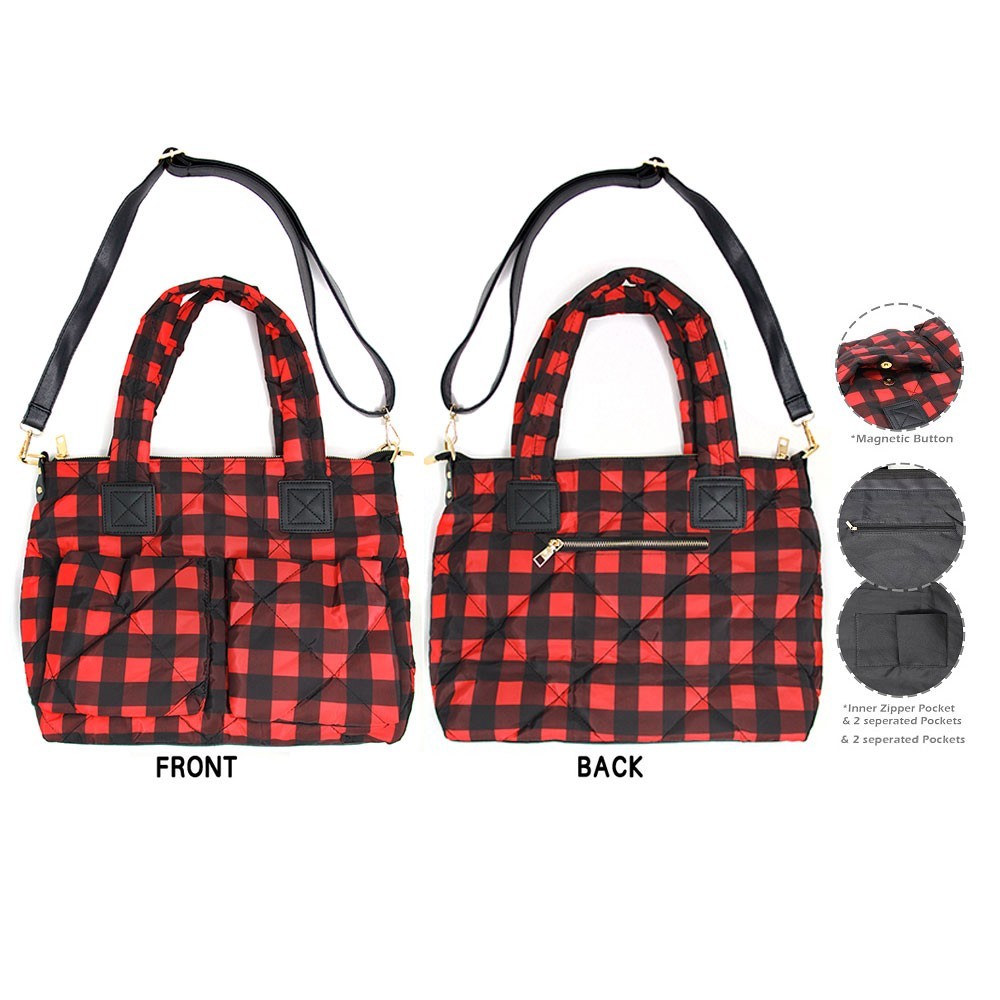 Buffalo Check Puffer Tote Bag Women’s Large Quilted Shoulder Handbag for Ladies