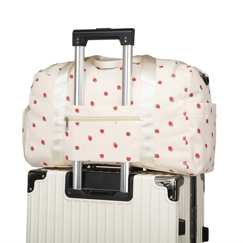 Strawberry Corduroy Travel Duffel Bag Shoe Compartment Trolley Sleeve