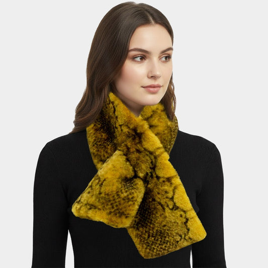 Womens Snake Skin Patterned Faux Fur Pull Through Scarf Yellow Black