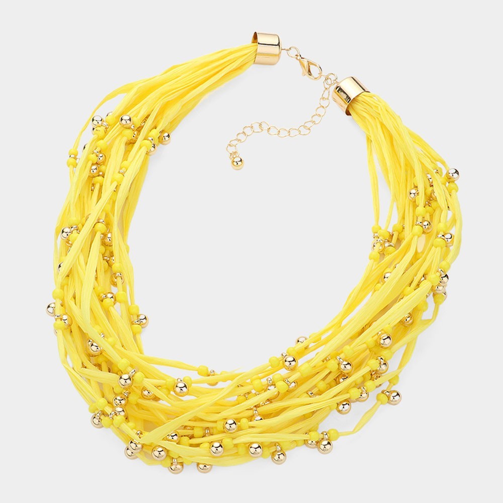 Multi Layered Metal Ball Beads Raffia Thread Statement Necklace Women’s Fashion