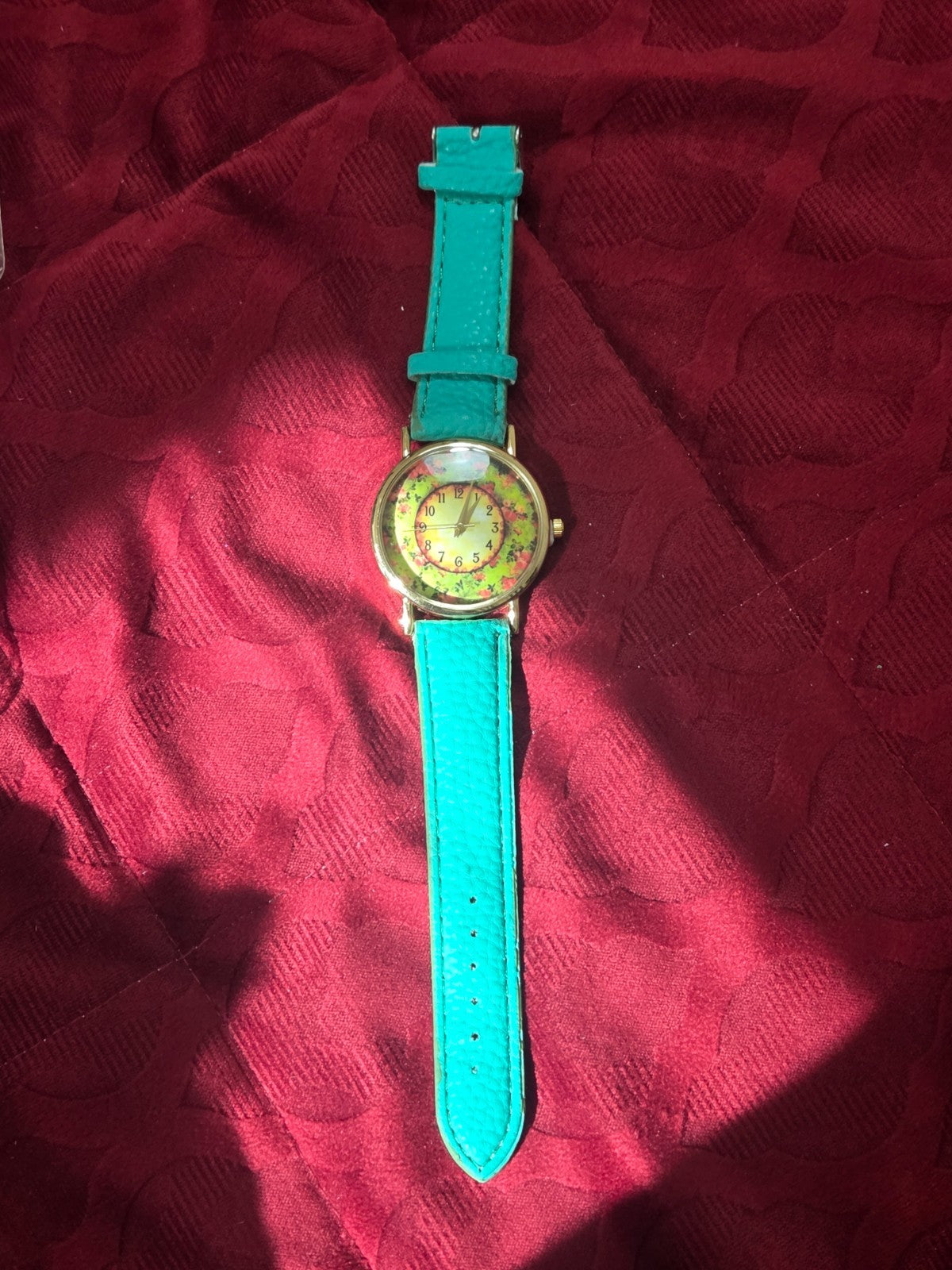 Women's Turquoise Floral Quartz Watch Gold Tone Faux Leather Strap Bright Analog
