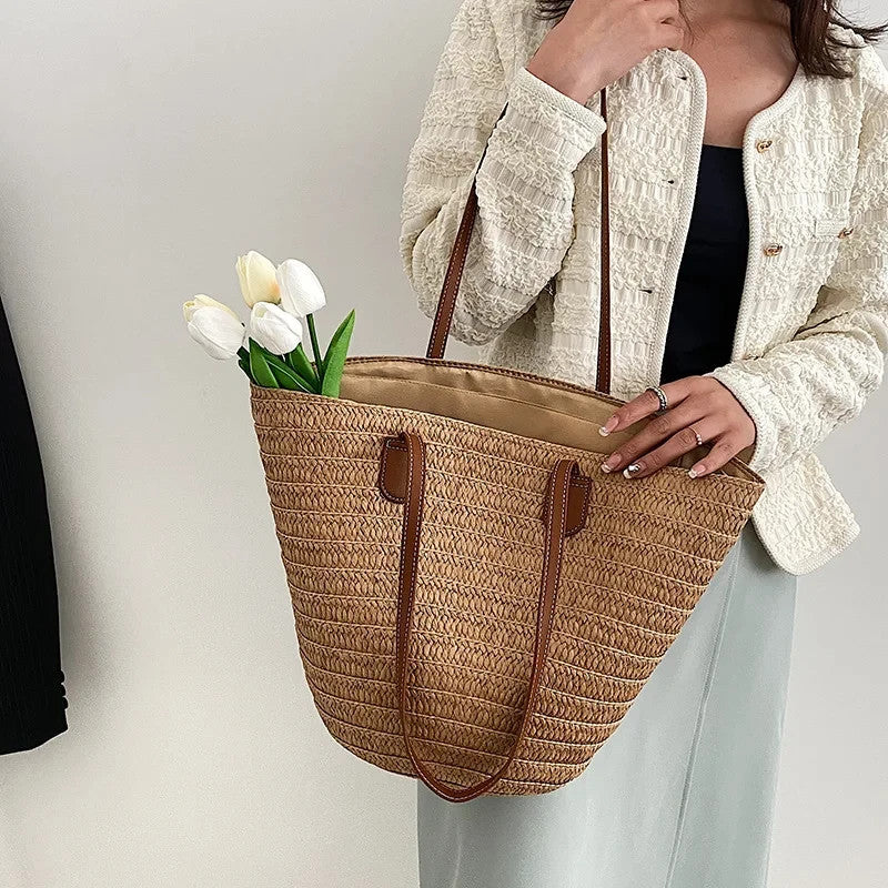 Women’s Medium Capacity Paper Woven Shoulder Bag Summer Basket Handbag Brown