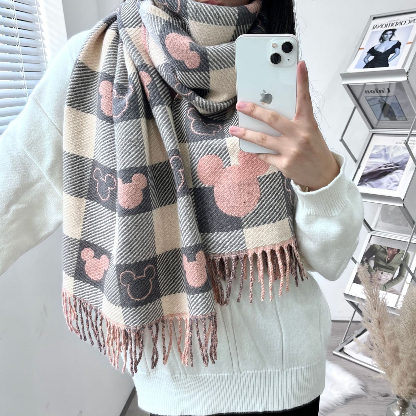 Plaid Mouse Print Scarf Women's Warm Winter Checkered Fringe Wrap
