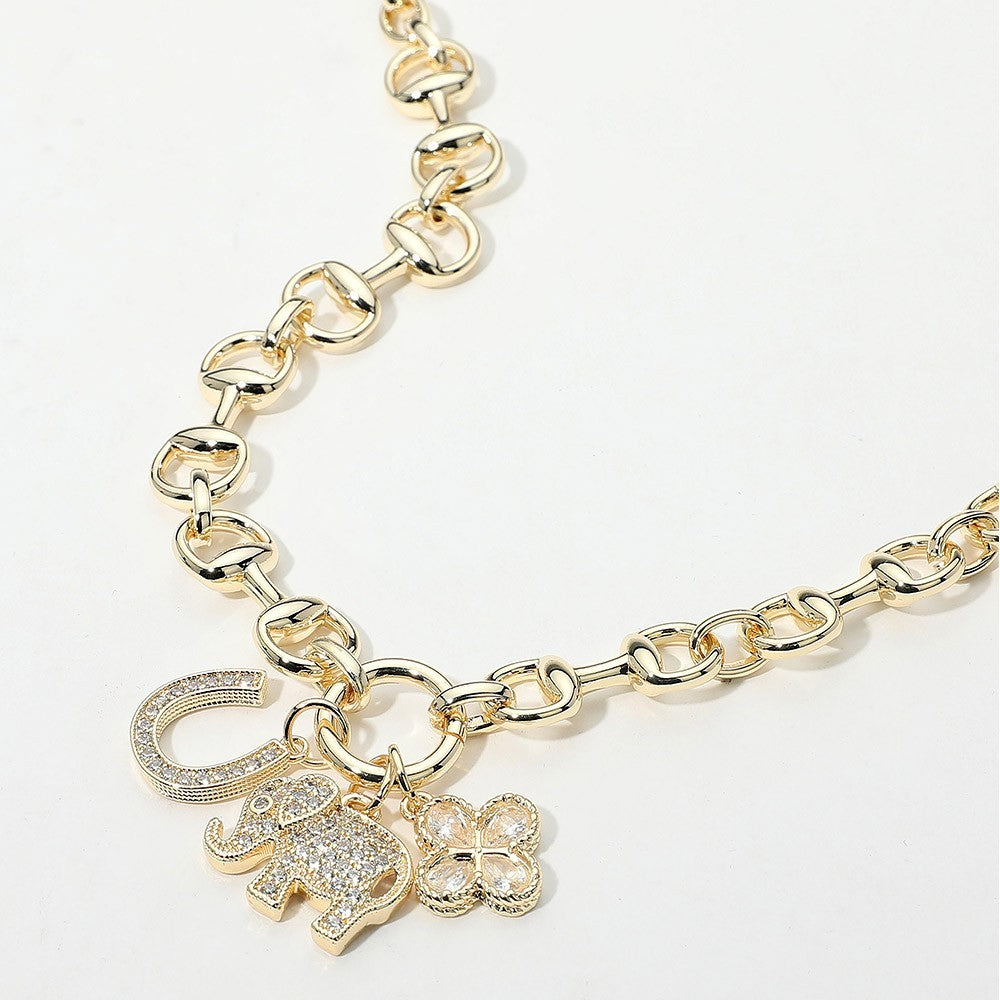 Gold Dipped Link Chain Necklace CZ Charm Horseshoe Elephant Clover Luck 17.5in