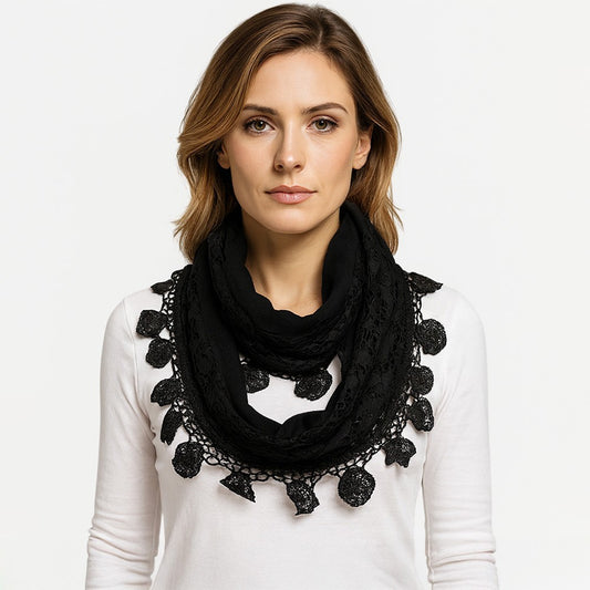 Elegant Flower Crochet Lace Scarf Black Lightweight Fashion Accessory 28x56