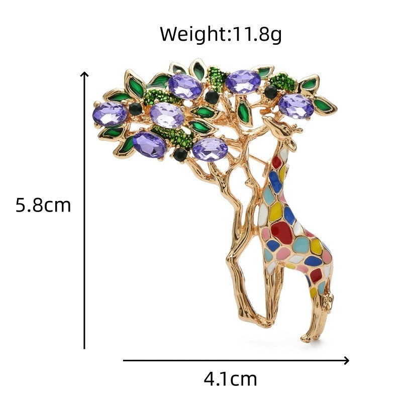 Gold Tone Enamel Giraffe Tree Brooch Purple Rhinestone Pin