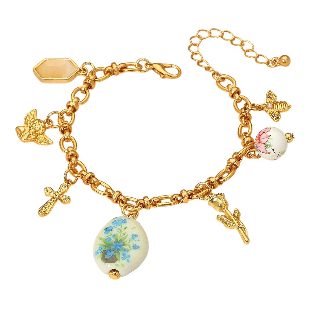 Dainty Gold Floral Charm Link Bracelet Vintage Porcelain Bee Cross Jewelry Gift