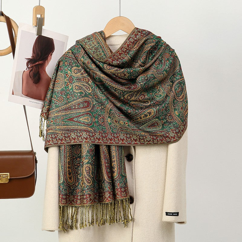 Reversible Paisley Pashmina Shawl Scarf Wrap Green Maroon Gold Fringe