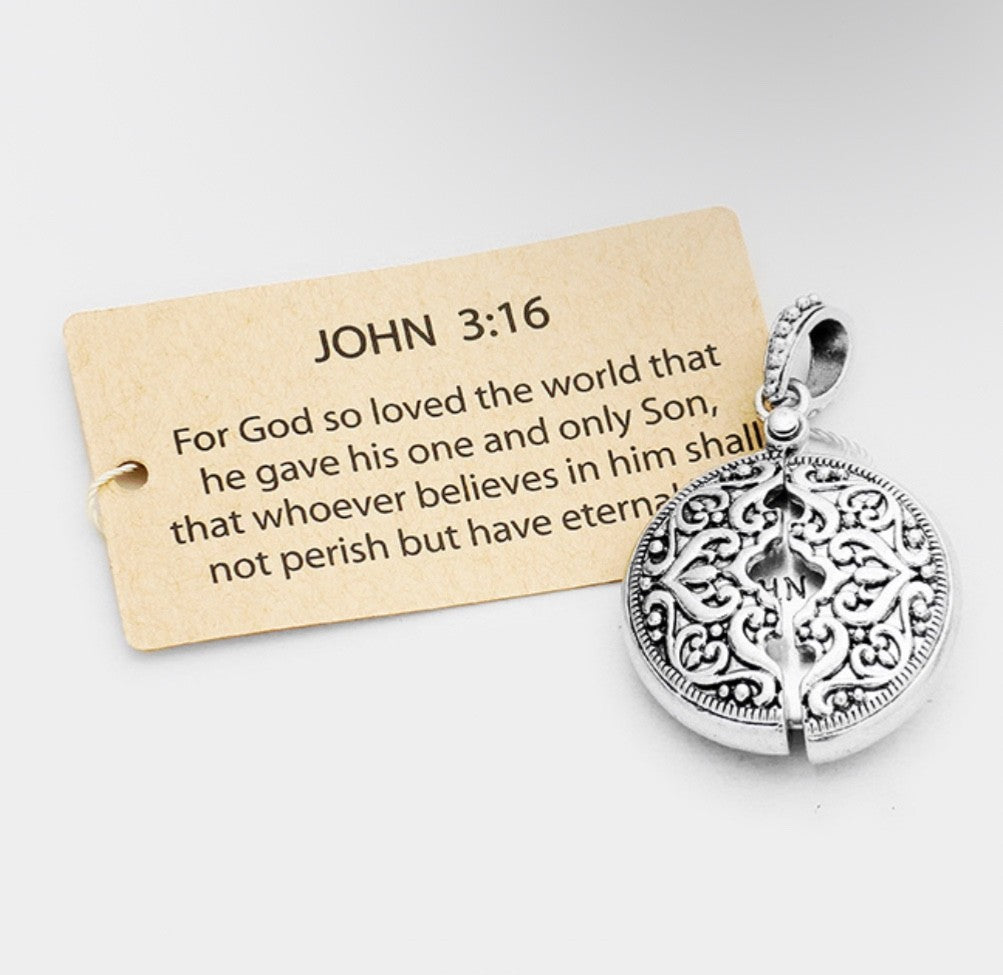 John 3:16 Locket Pendant Filigree Religious Bible Verse Necklace Charm