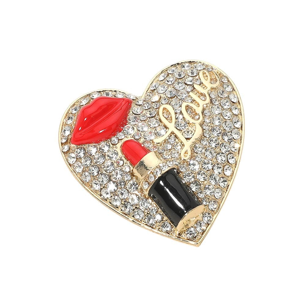 Rhinestone Heart Love Lipstick and Red Lips Brooch Pin in Polished Gold Tone
