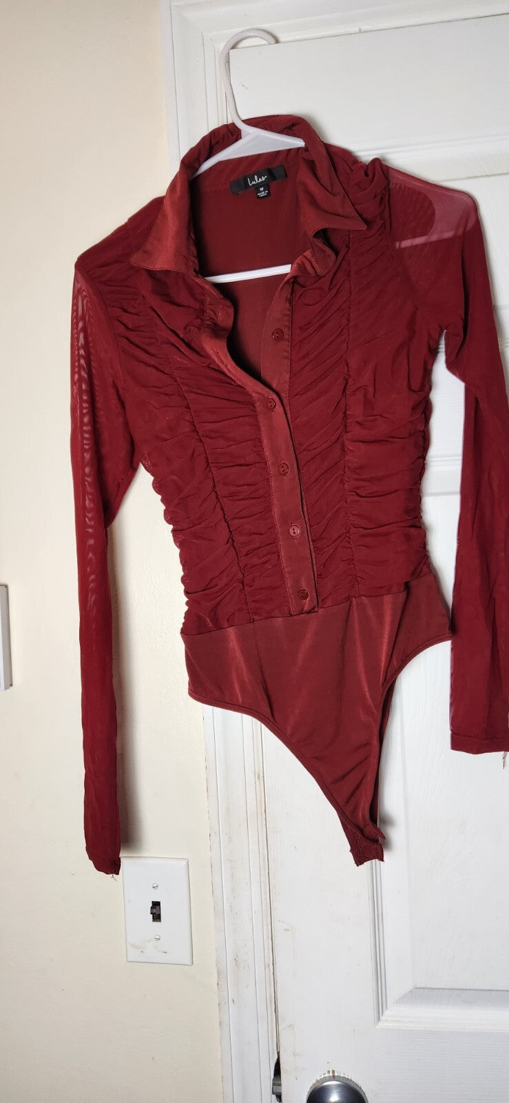 Don't Ruche Love Burgundy Mesh Ruched Long Sleeve Bodysuit for Women Medium