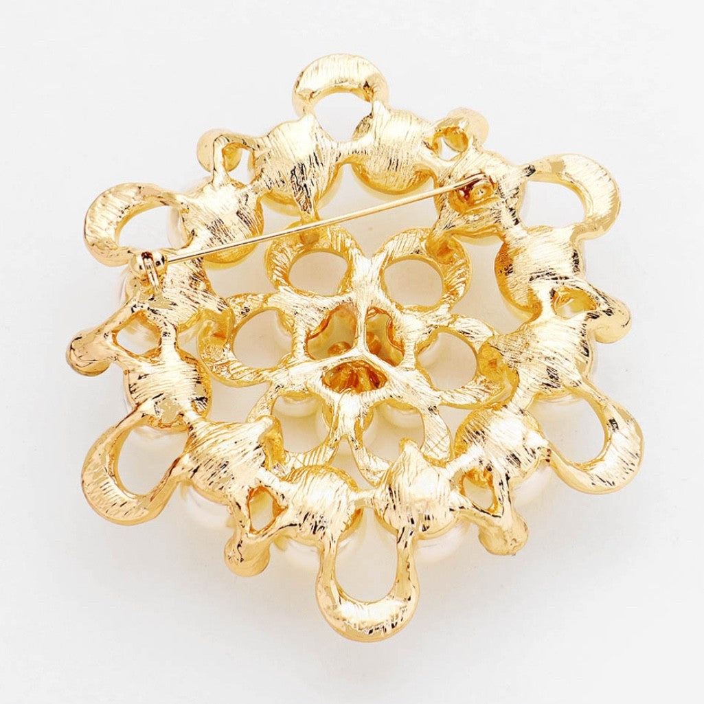 2pcs Faux Pearl Flower Brooch Pin Gold Tone Crystal Bouquet Jewelry Accessory Se