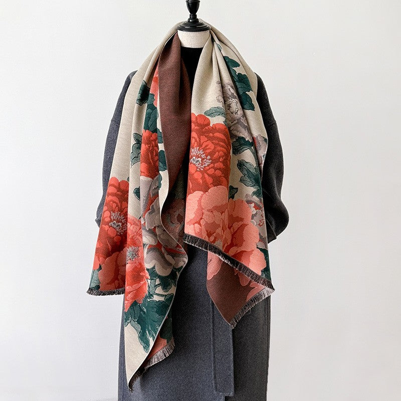 Floral Cashmere Feel Scarf Large Shawl Wrap Winter Pashmina Peony Red Green