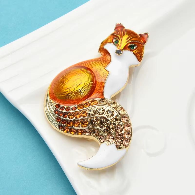 Fox Brooch Pin Gold-Tone Orange Enamel Rhinestone Crystal Animal Jewelry Gift