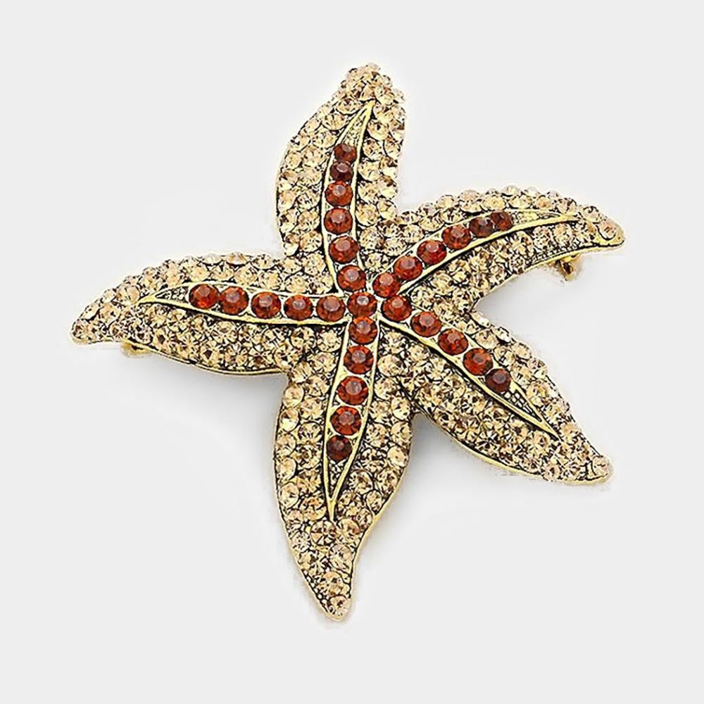 Gold Starfish Brooch Amber Crystal Rhinestone Nautical Sea Life Statement Pin