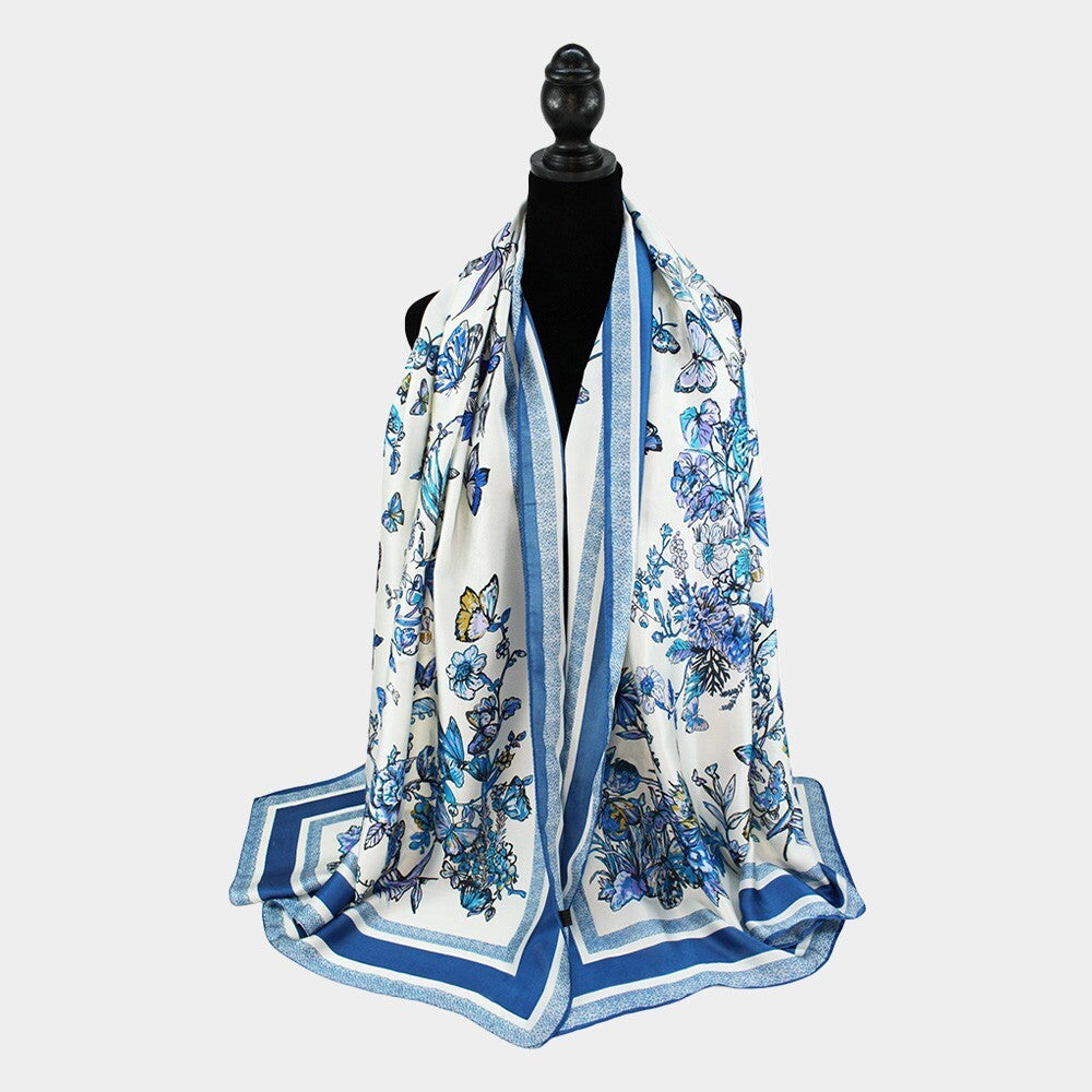 Floral Print Oblong Silky Satin Scarf Shawl Wrap for Women Lightweight Chic