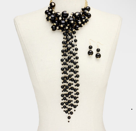 Black Faux Pearl Cluster Tie Necklace and Dangle Earring Set