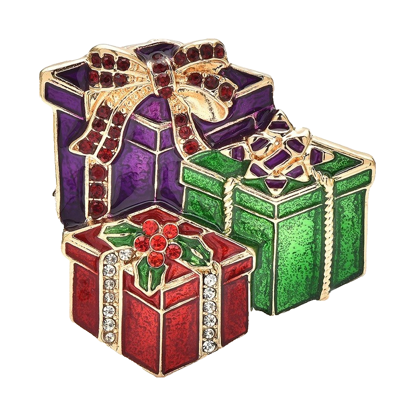Christmas Gift Boxes Brooch Pin Red Green Purple Enamel Rhinestone Holiday Jewel