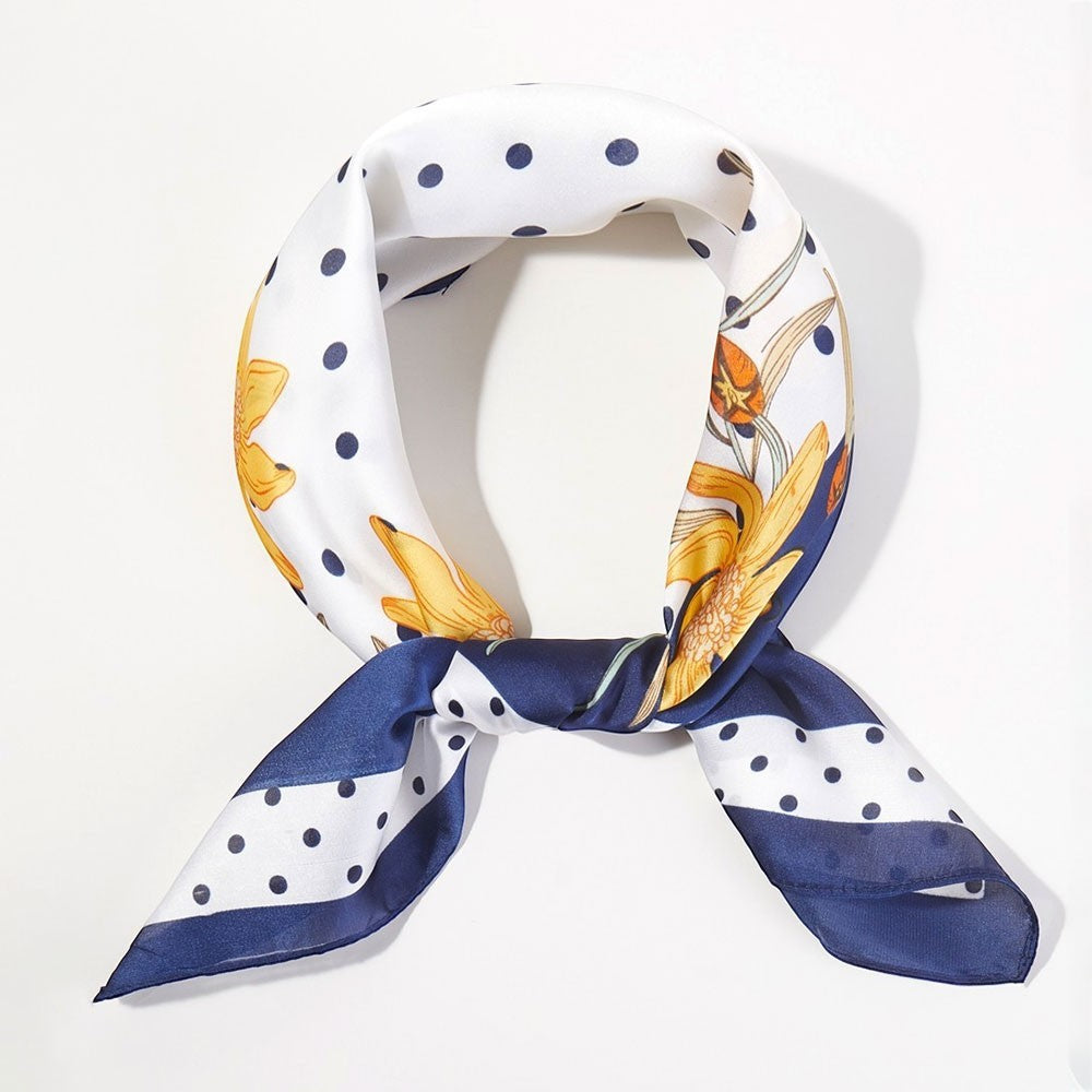 Dotted Daisy Flower Printed Square Satin Bandana Scarf for Women Navy & White