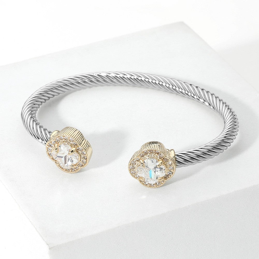 14K Gold Plated Quatrefoil Pave Cubic Zircon Stone Tip Twisted Cuff Bracelet