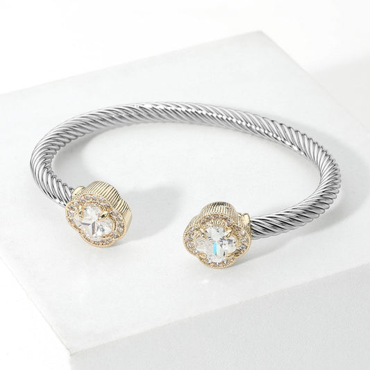 14K Gold Plated Quatrefoil Pave Cubic Zircon Stone Tip Twisted Cuff Bracelet