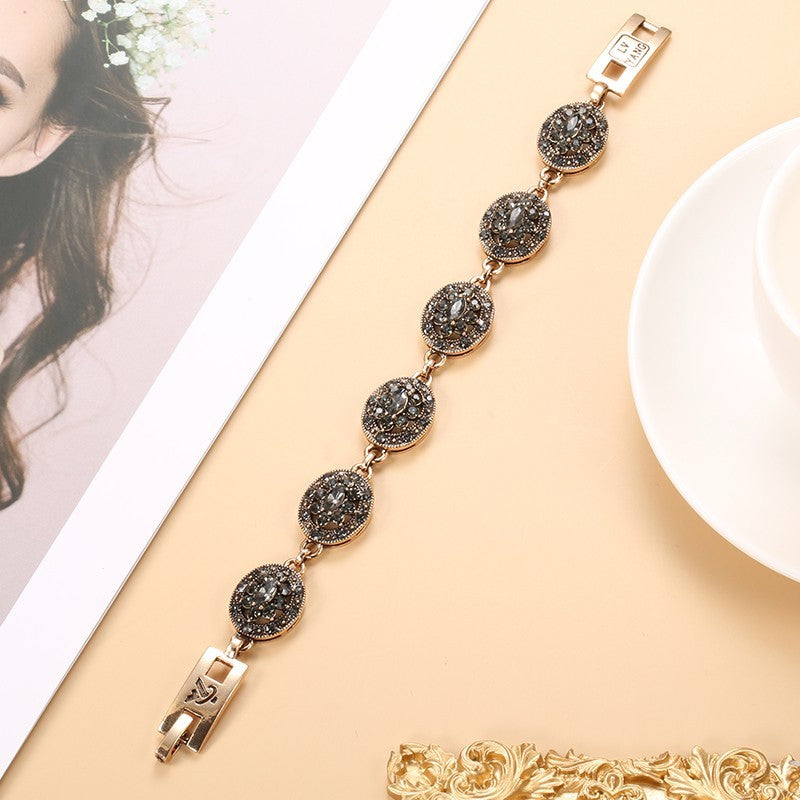 Antique Gold Crystal Flower Turkish Link Bracelet Bohemian Ethnic Jewelry