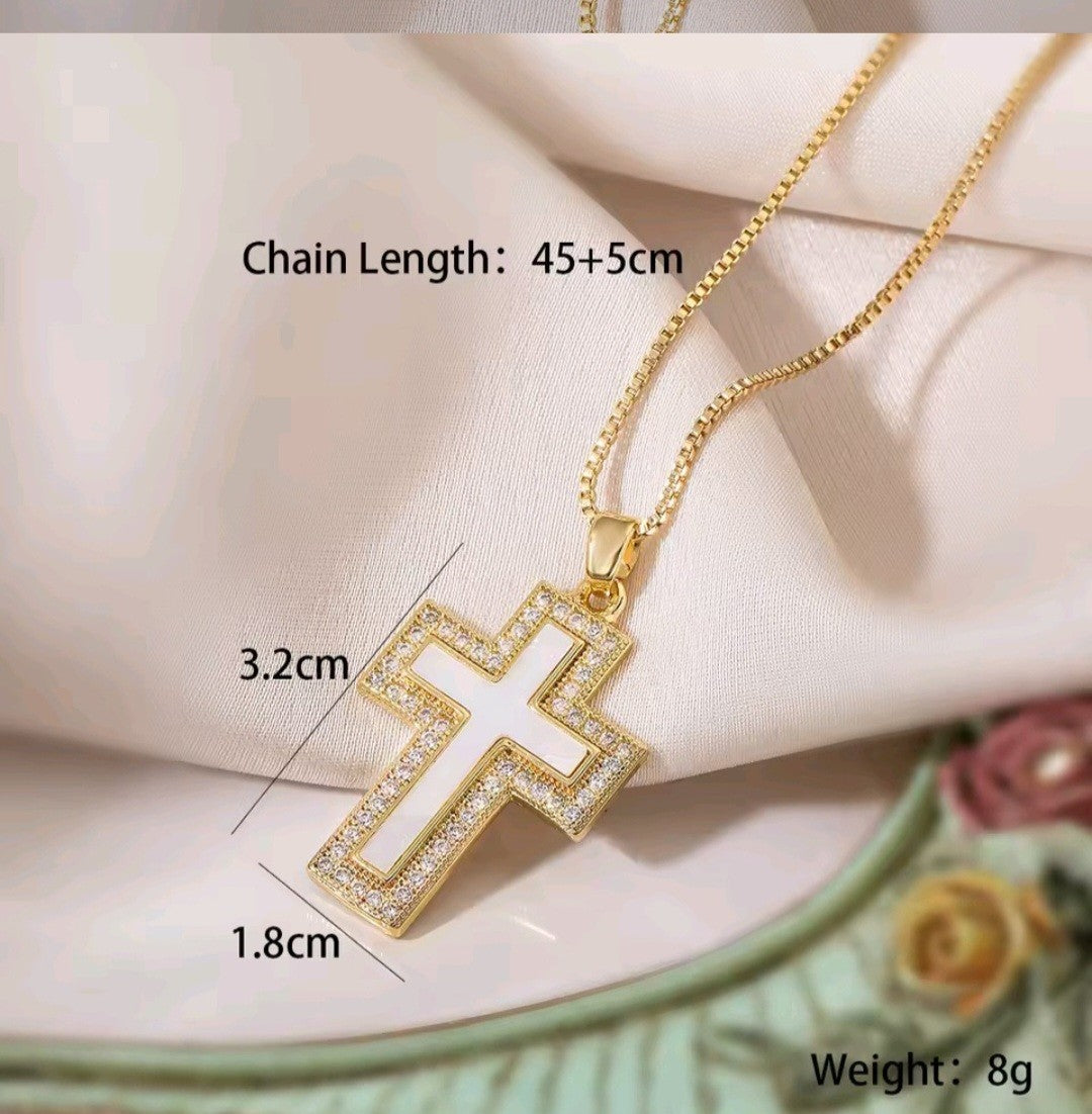 Women's Gold Cross Necklace White Enamel & Rhinestone Inlay