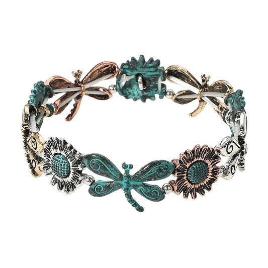 Metal Dragonfly and Sunflower Stretch Bracelet for Women Nature Inspired Jewelry