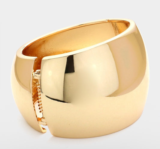 Wide Polished Gold Toned Chunky Hinge Bangle Statement Cuff Bracelet
