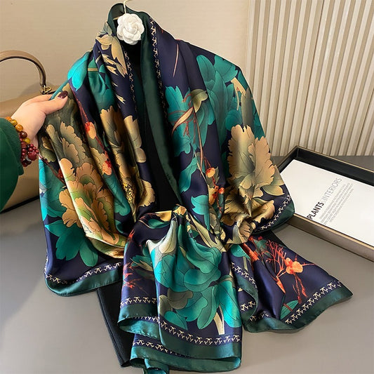 Luxury Navy Silk Feel Scarf Bold Peony Botanical Print Square Shawl