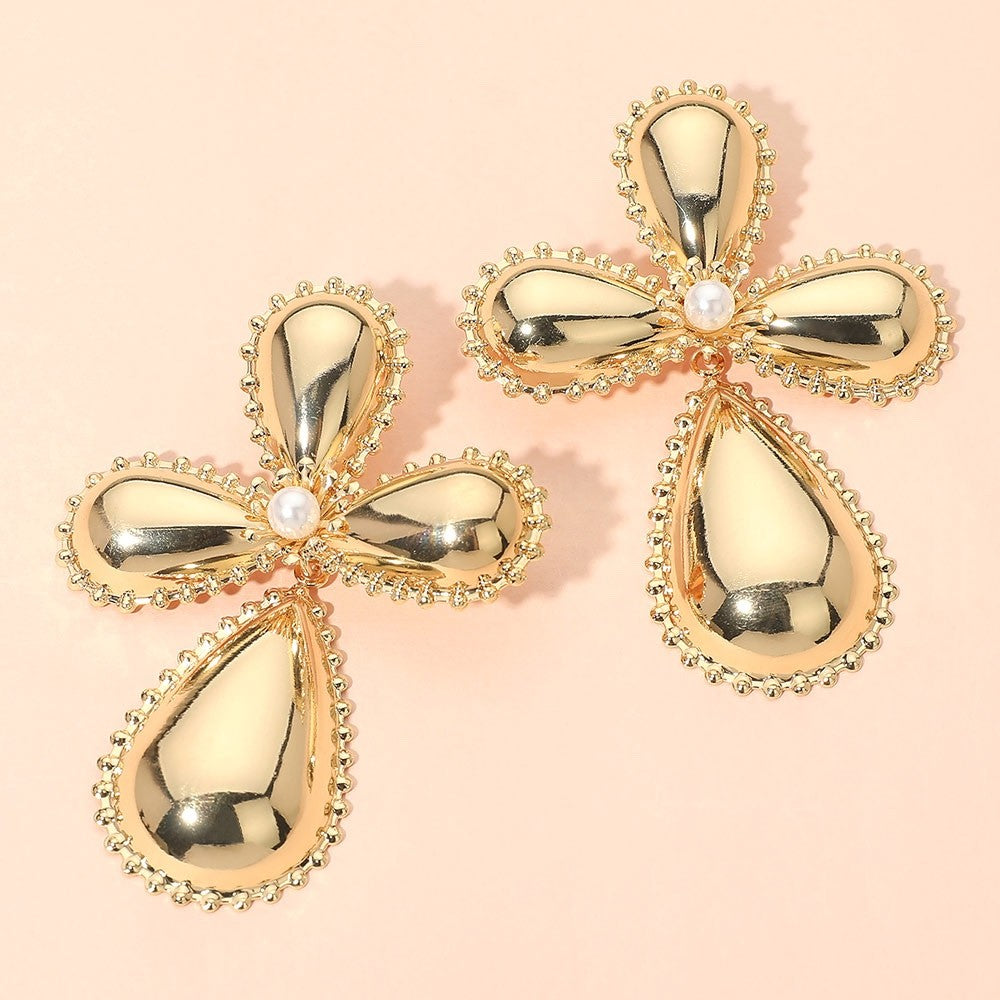 Large Gold Teardrop Cross Statement Earrings with Pearl Center Accents