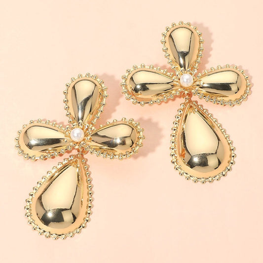 Large Gold Teardrop Cross Statement Earrings with Pearl Center Accents