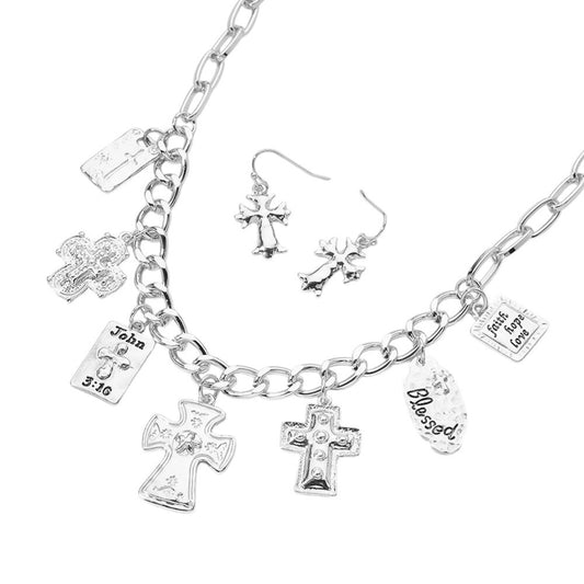 Chunky Chain Necklace Set with Metal Cross and Bible Charm Station for Women