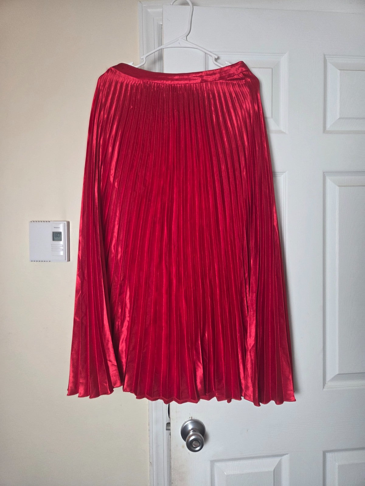 Bright Red Satin Pleated Midi Skirt for Women Elegant Flowing Skirt for Ladies
