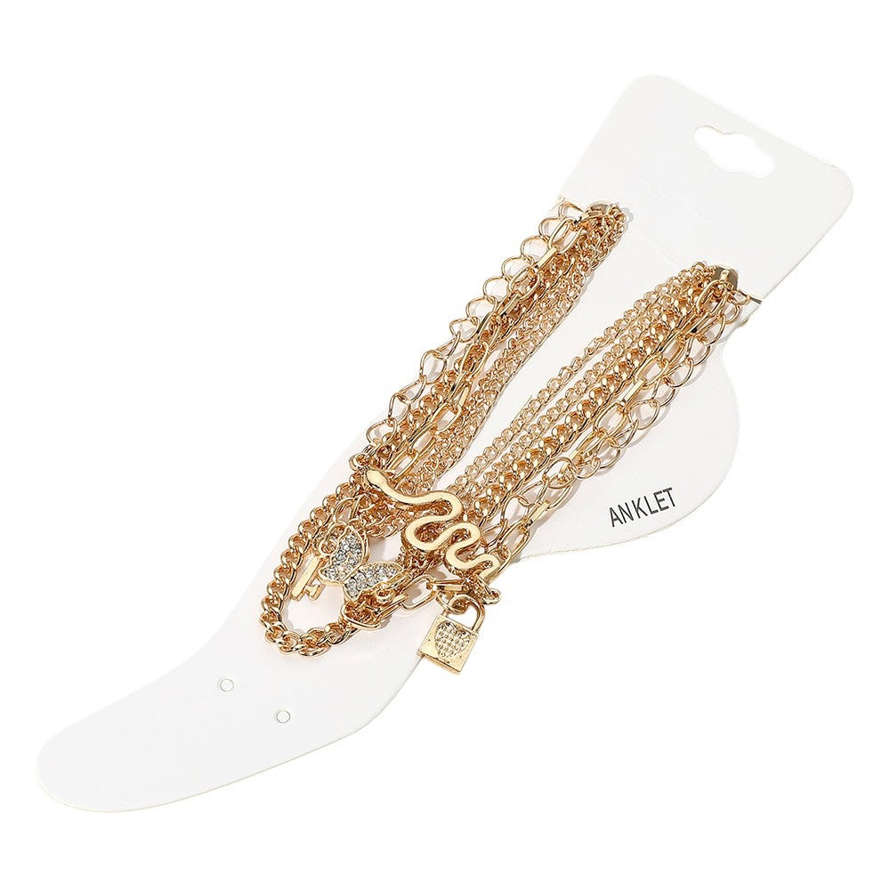 4pcs Boho Gold Tone Layered Anklet Set Butterfly Snake Key Lock Charms Jewelry