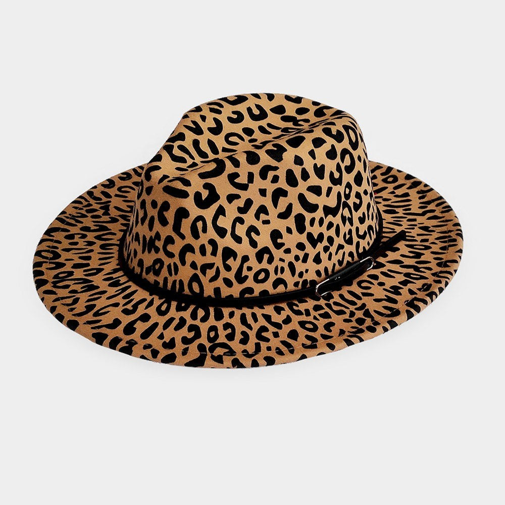 Women’s Leopard Print Panama Hat Wide Brim Fedora with Faux Leather Band