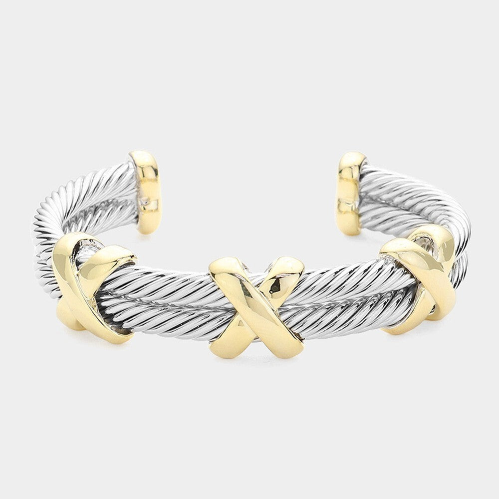 14K Gold Plated Two Tone Crisscross Twisted Metal Cuff Bracelet Unisex Statement