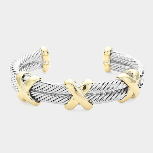 14K Gold Plated Two Tone Crisscross Twisted Metal Cuff Bracelet Unisex Statement