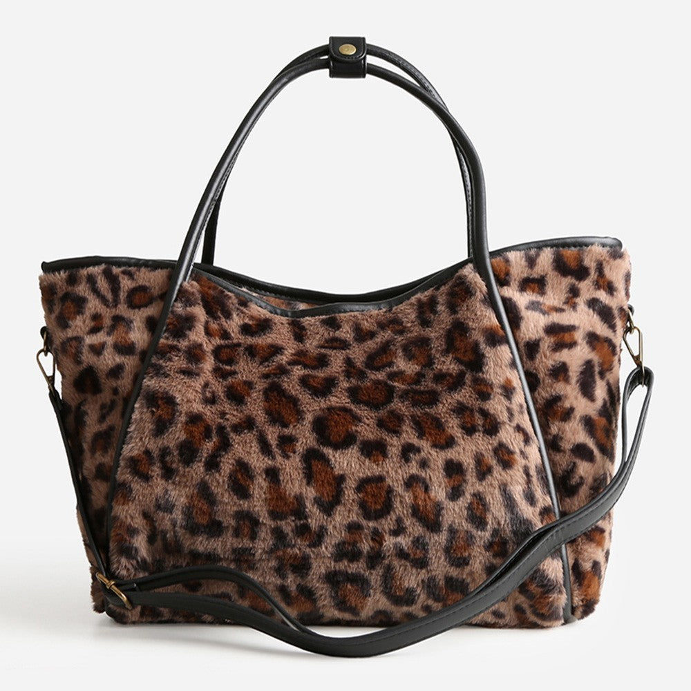 Leopard Print Faux Fur Tote Bag Shoulder Purse for Women Chic Animal Print Bags