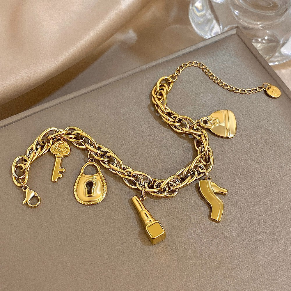 Chunky Gold Charm Bracelet Lipstick High Heel Purse Key Lock Toggle Link